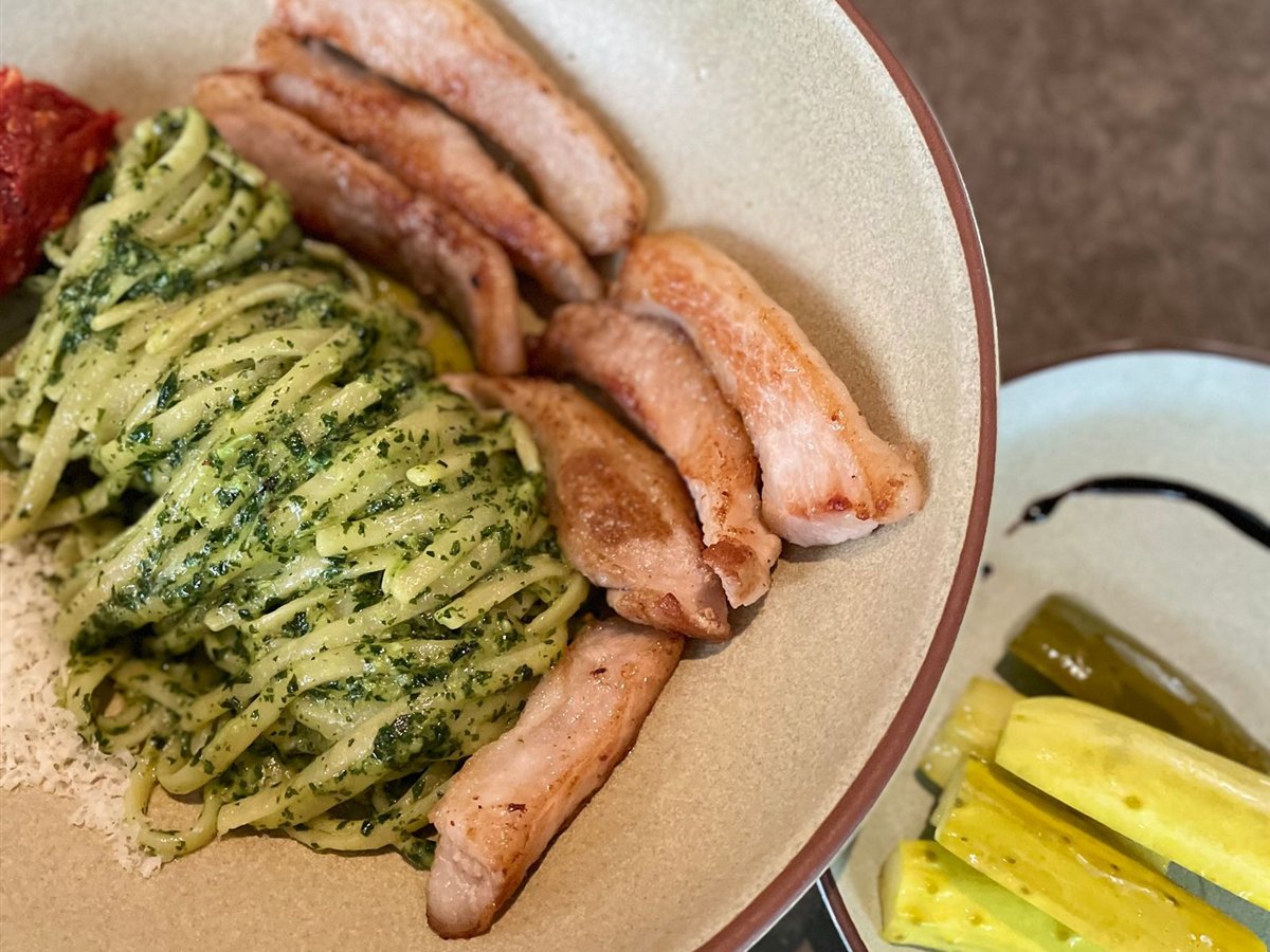 Creamy Pesto Pasta with Sausage and Roasted Tomatoes