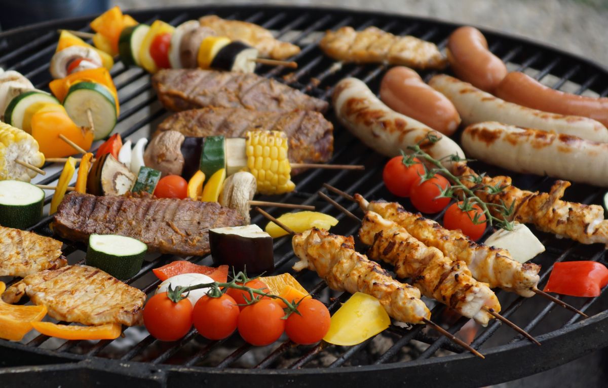 Grilled Sausage and Chicken Skewers with Rice Pilaf