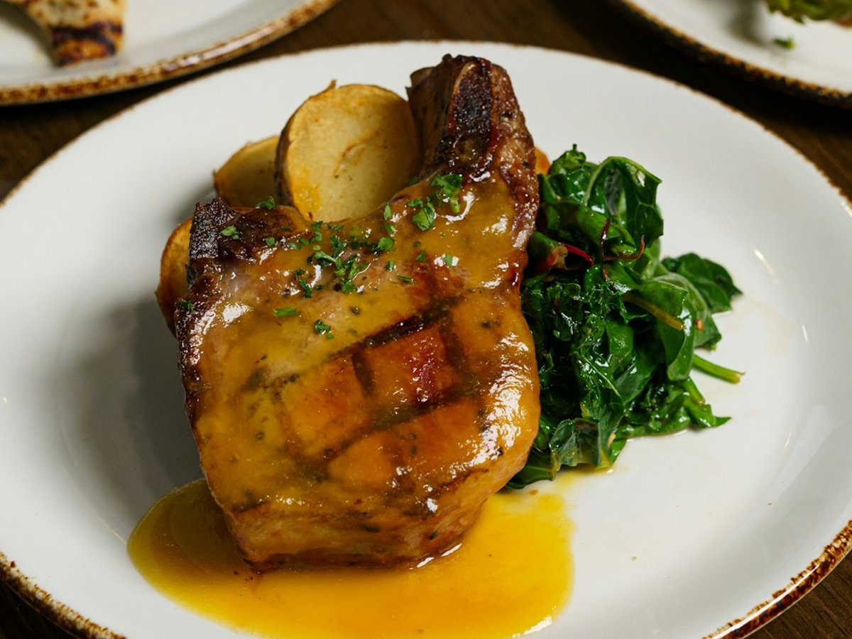Honey Garlic Pork Chops with Roasted Potatoes and Garlicky Spinach