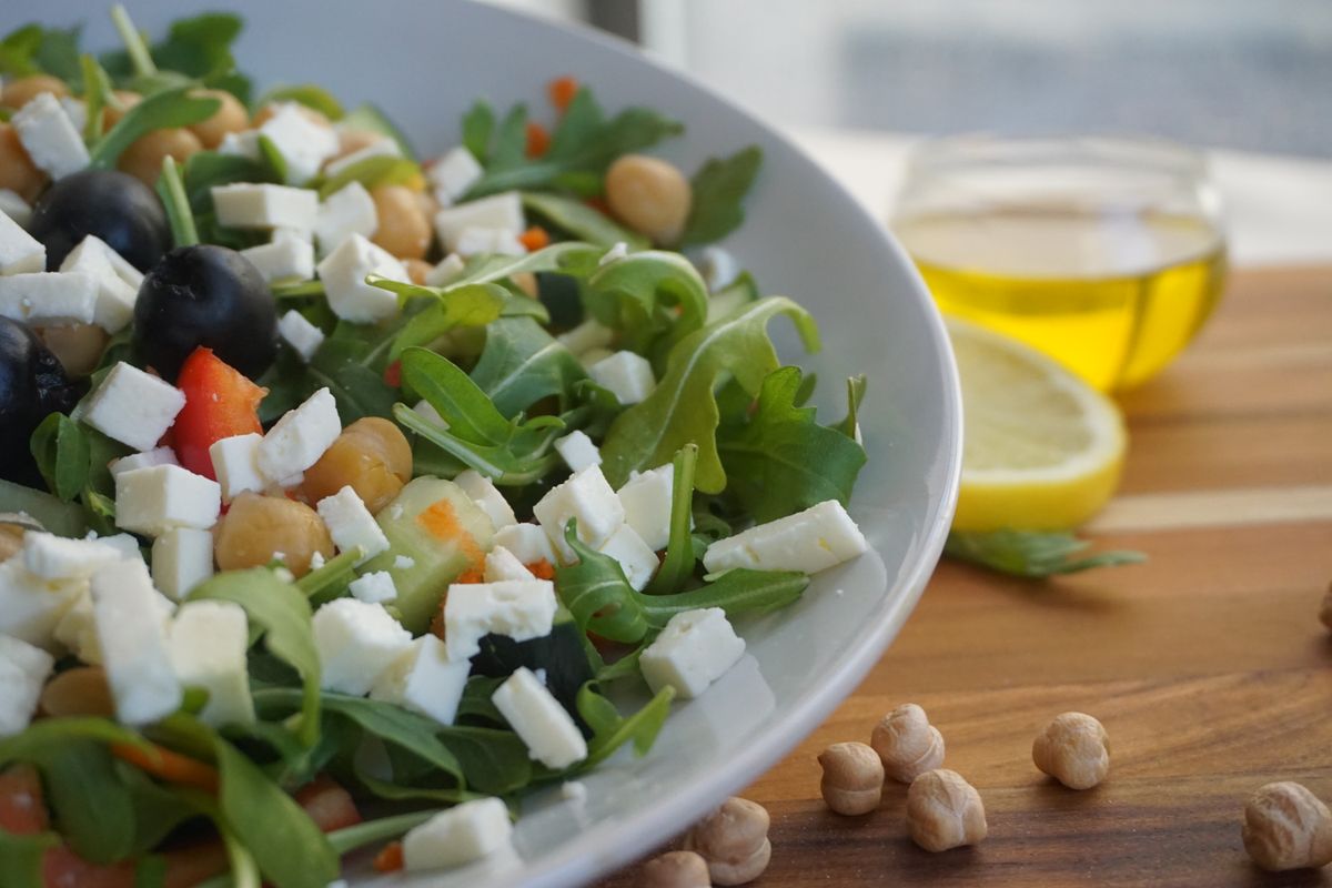 Mediterranean Chickpea and Feta Salad with Grilled Chicken