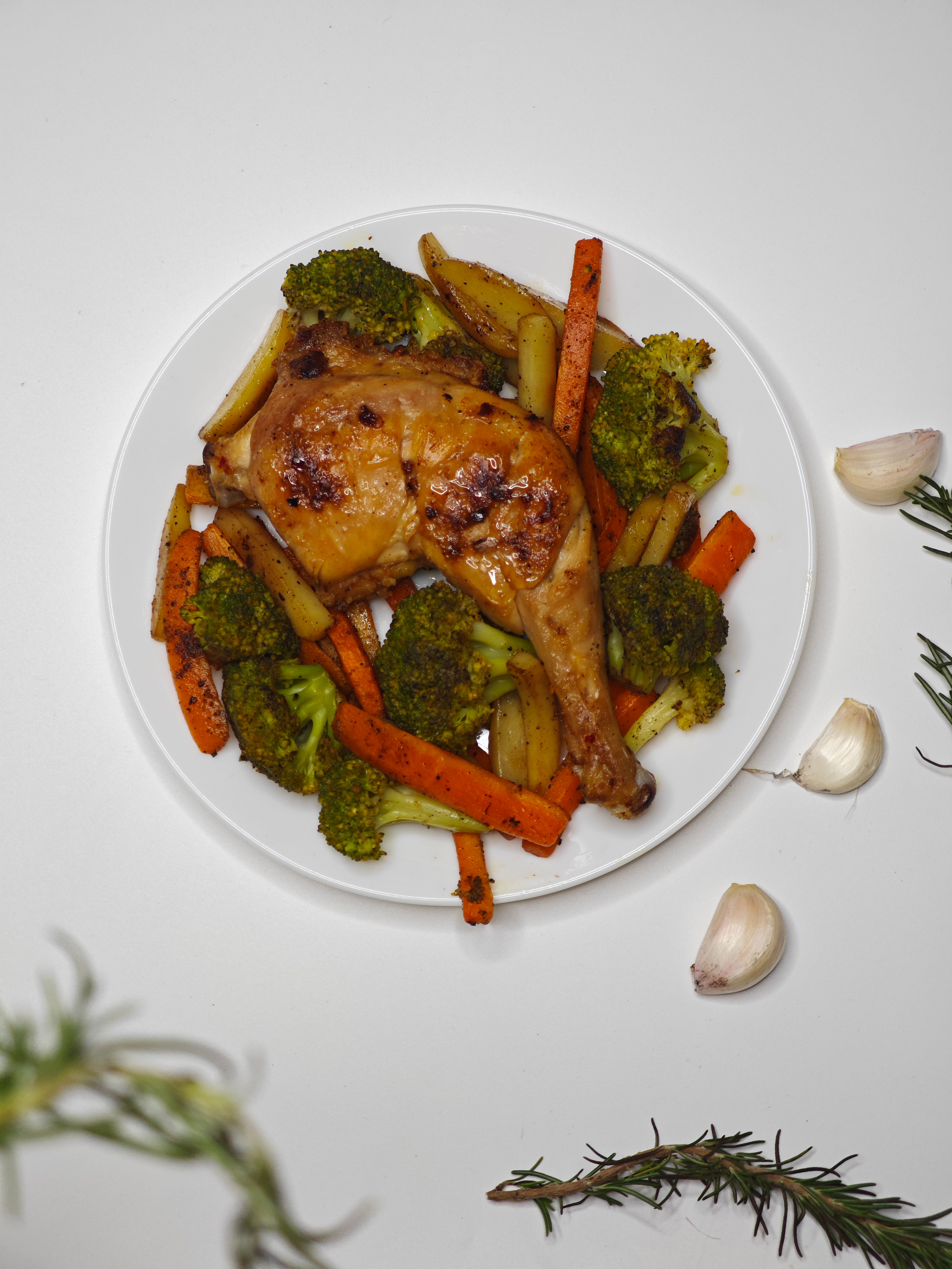 Sheet Pan Honey-Garlic Chicken Thighs with Sweet Potatoes and Brussels Sprouts